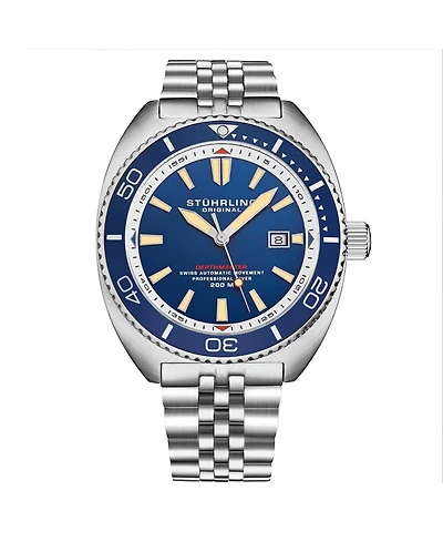 Stuhrling 1008 Men s Automatic Watch Swiss Movement Tonneau Stainless Steel Case Blue Dial Jubilee Bracelet 200M Water Resistant Date Window Diver