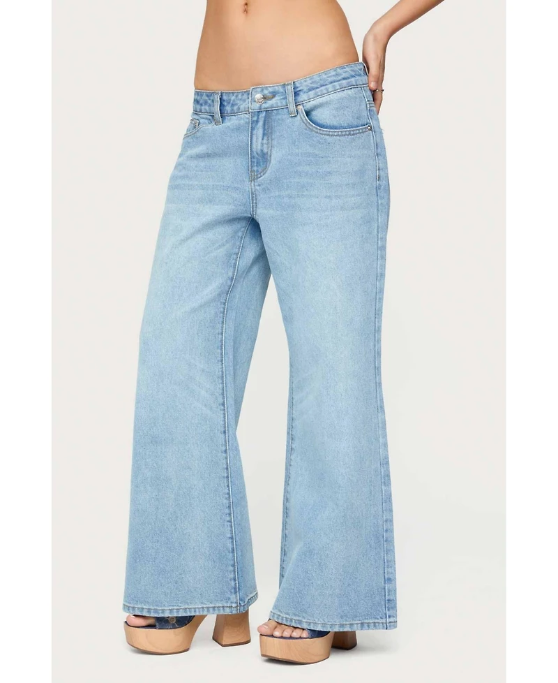 Edikted Womens Petite Low Rise Wide Leg Jeans