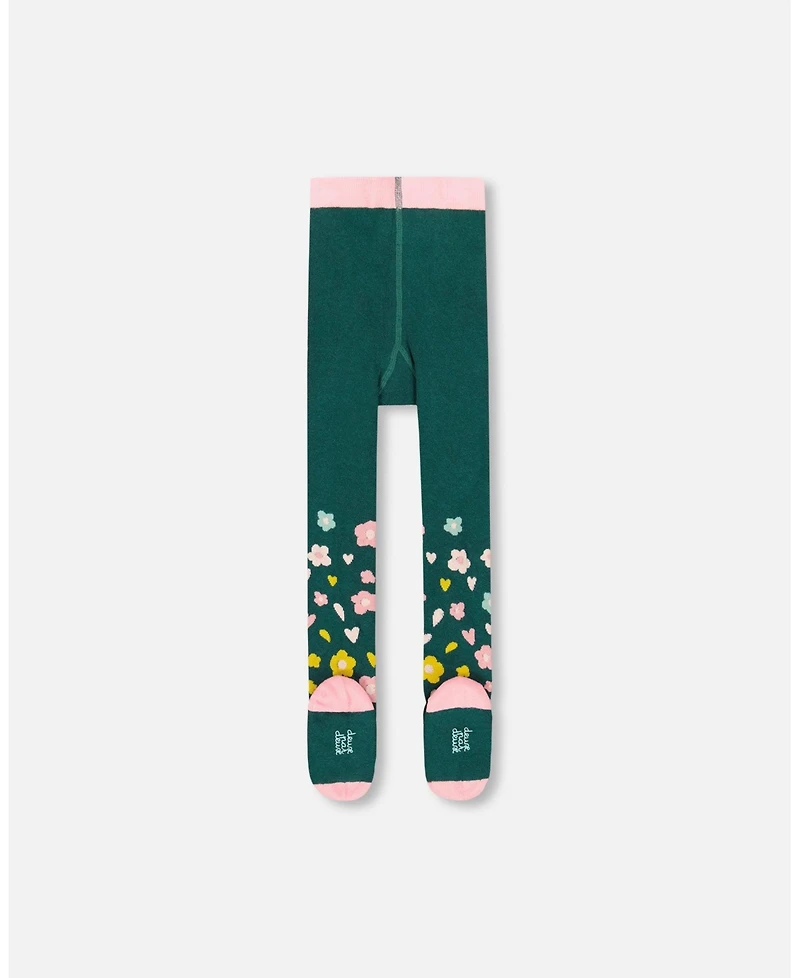 Deux par Girl Knit Tights Dark Green with Flower Motifs - Toddler|Child
