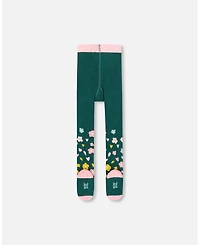 Deux par Girl Knit Tights Dark Green with Flower Motifs - Toddler|Child