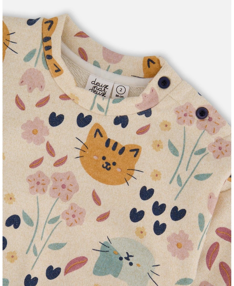 Deux par Baby Girls Glittering French Terry Sweatshirt Beige Cat Print