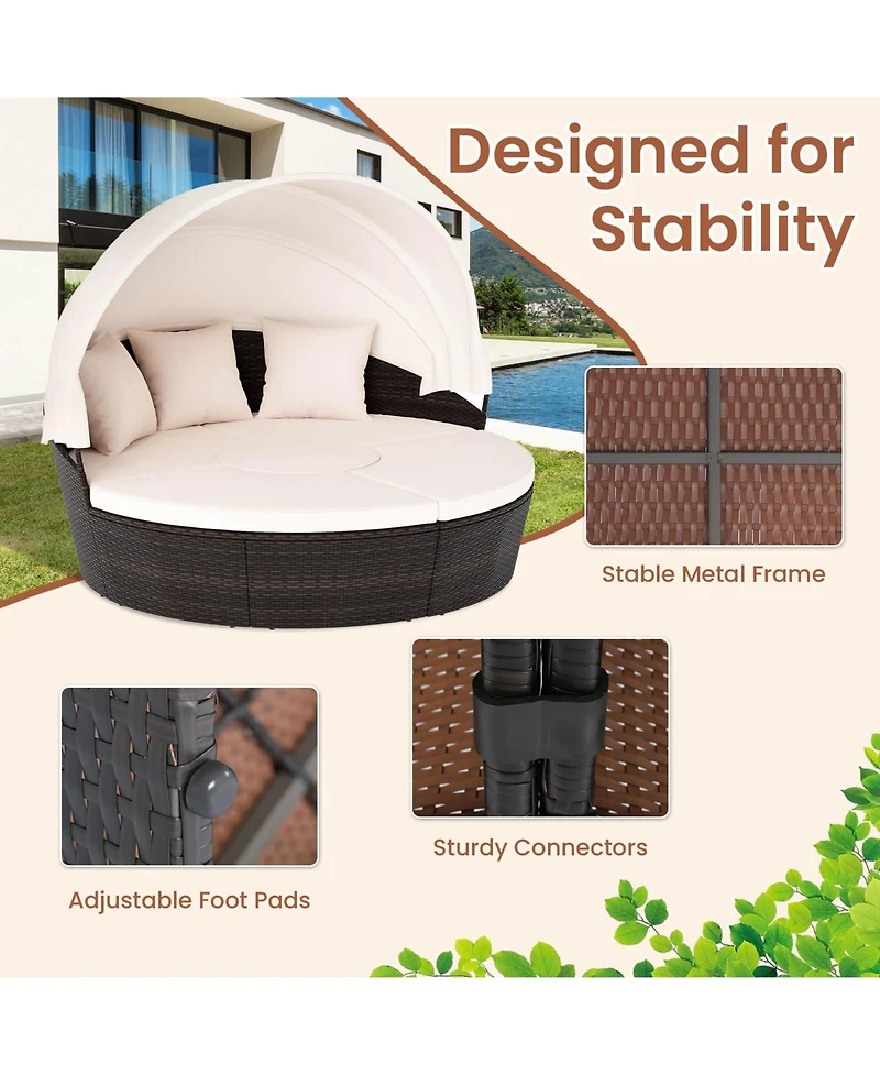 Costway Patio Round Daybed Pe Rattan Cushioned Sectional Seating with Retractable Canopy