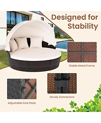 Costway Patio Round Daybed Pe Rattan Cushioned Sectional Seating with Retractable Canopy