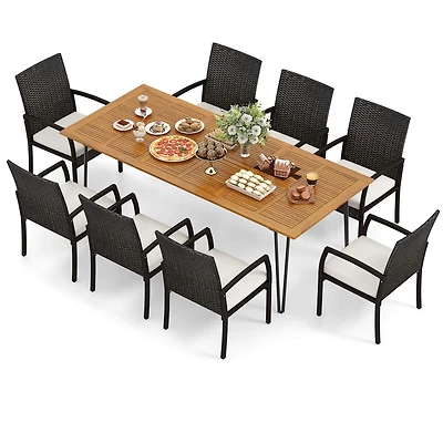 Costway 9 Pcs Outdoor Patio Dining Set Armchairs Set of 8 and Acacia Wood Square Table