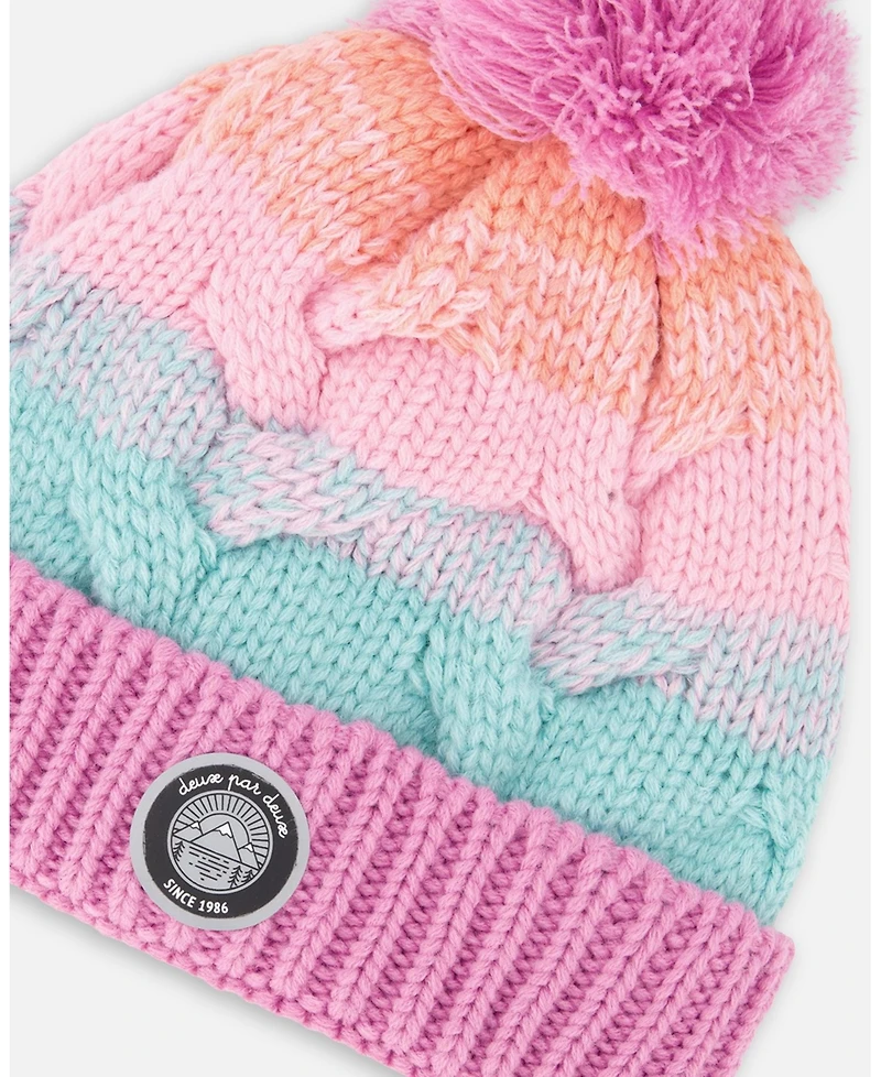 Deux par Baby Girls Lined Knit Pompom Hat Pink, Orange and Turquoise