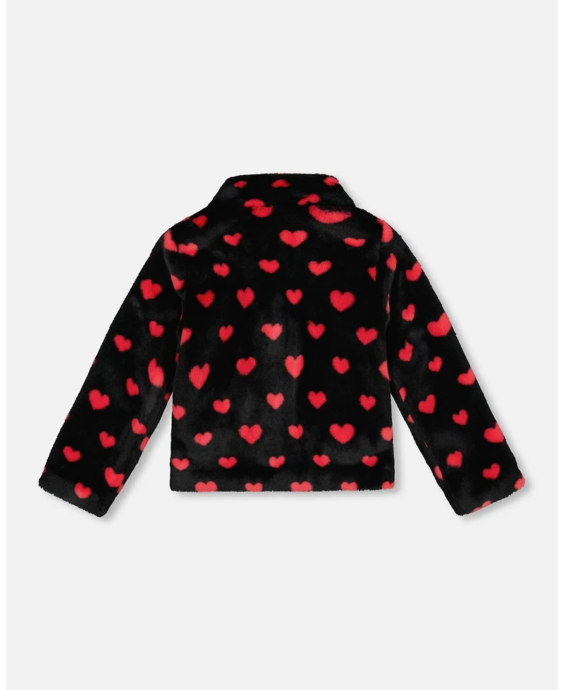 Deux par Girls Faux Fur Short Coat Black and Red with Hearts