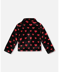 Deux par Girls Faux Fur Short Coat Black and Red with Hearts