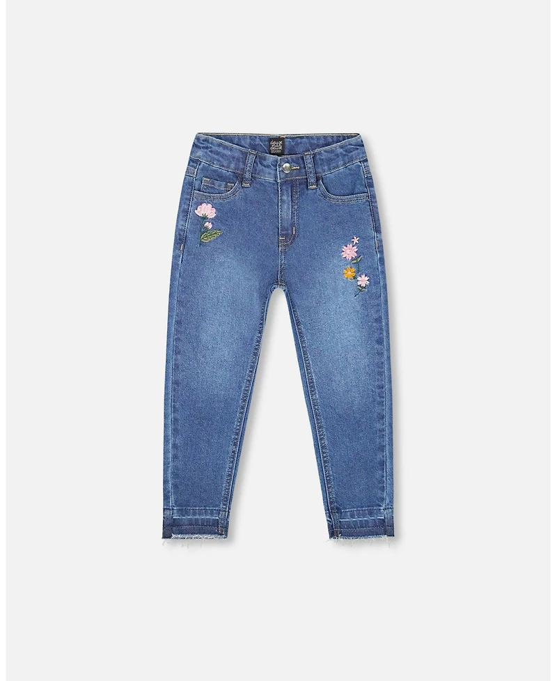 Deux par Toddler Girls Jeans Blue Denim with Frayed Hems and Floral Embroideries - Toddler|Child
