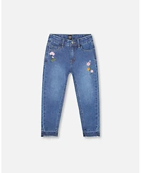 Deux par Toddler Girls Jeans Blue Denim with Frayed Hems and Floral Embroideries - Toddler|Child