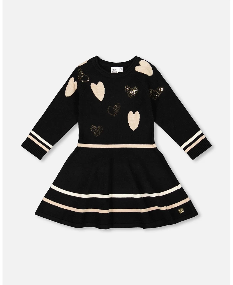Deux par Girl Knit Dress Black with Glittery Heart Motifs - Toddler|Child