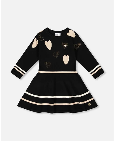 Deux par Girl Knit Dress Black with Glittery Heart Motifs - Toddler|Child