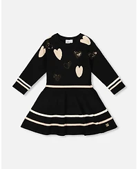Deux par Girl Knit Dress Black with Glittery Heart Motifs - Toddler|Child