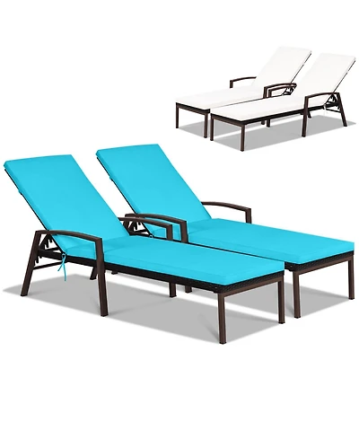 Gymax 2 Pcs Patio Rattan Chaise Lounge Chair Outdoor Reclining Chaise Sun Lounger