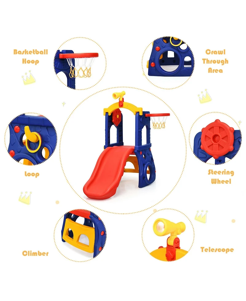 Gymax Toddler 6-in-1 Freestanding Slide w/ Basketball Hoop Play Climber Slide Set