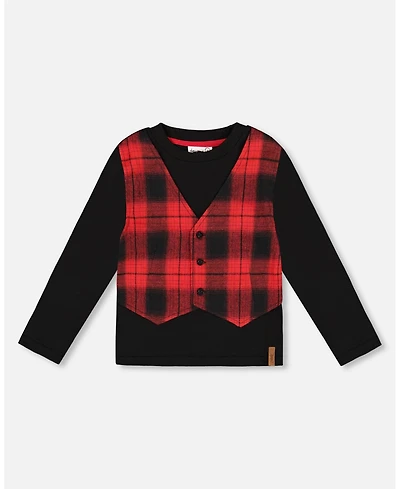 Deux par Baby Boy T-Shirt with Plaid Vest Red and Black