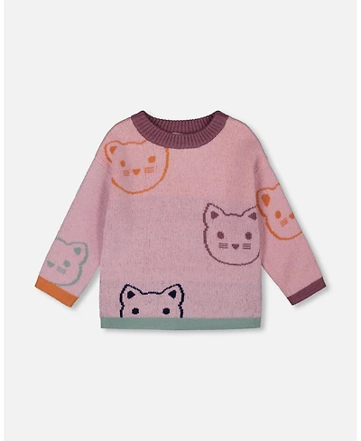 Deux par Toddler Girls Knit Jacquard Sweater Dusty Pink with Cats - Toddler|Child