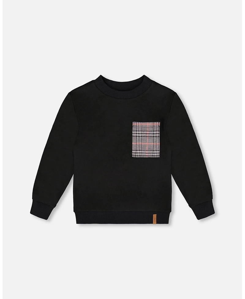 Deux par Big Boys Super Soft Brushed Jersey Long Sleeve Top Black with Plaid Pocket