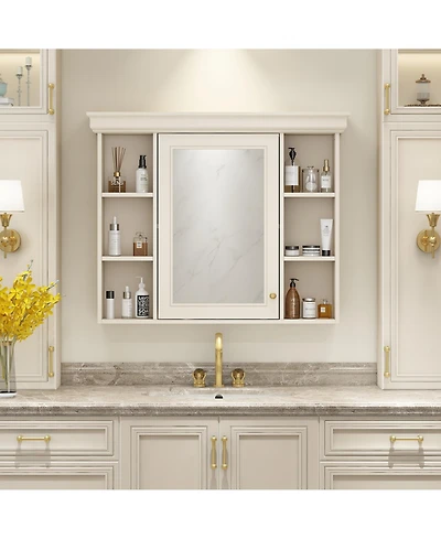 Casainc 35" x 28" Wall Mounted Medicine Cabinet with Mirror Door and 6 Open Shelves, Modern Storage Unit