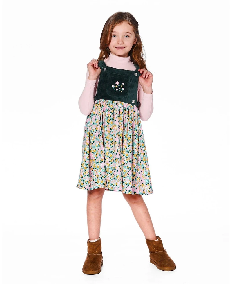 Deux par Girl Bi-Material Overall Dress Green with Flower Print - Toddler|Child