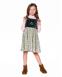 Deux par Girl Bi-Material Overall Dress Green with Flower Print - Toddler|Child