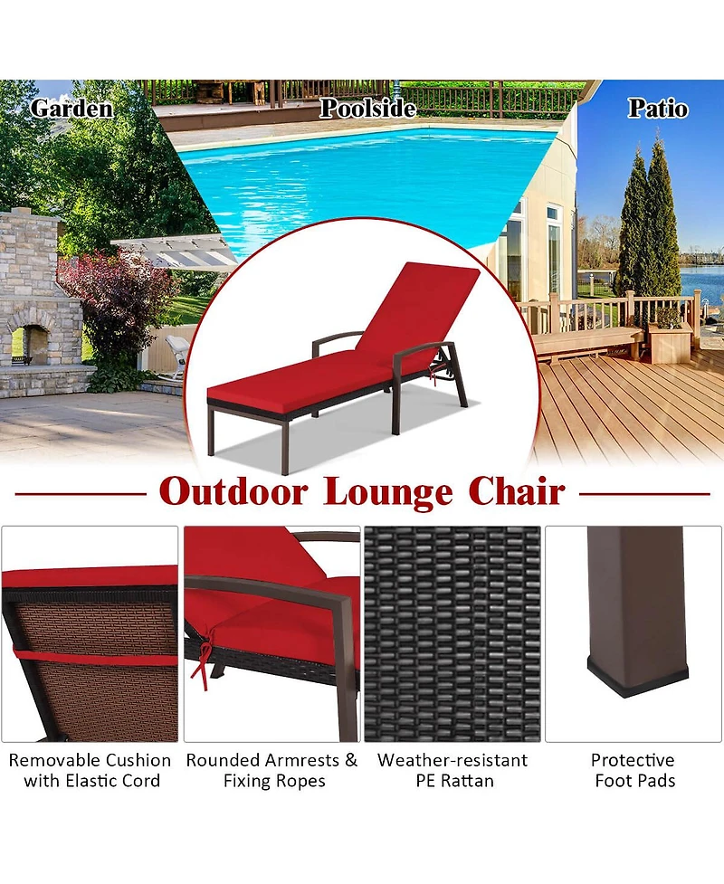 Set of 2 Patio Rattan Chaise Lounge Chair Outdoor Reclining Sun Lounger