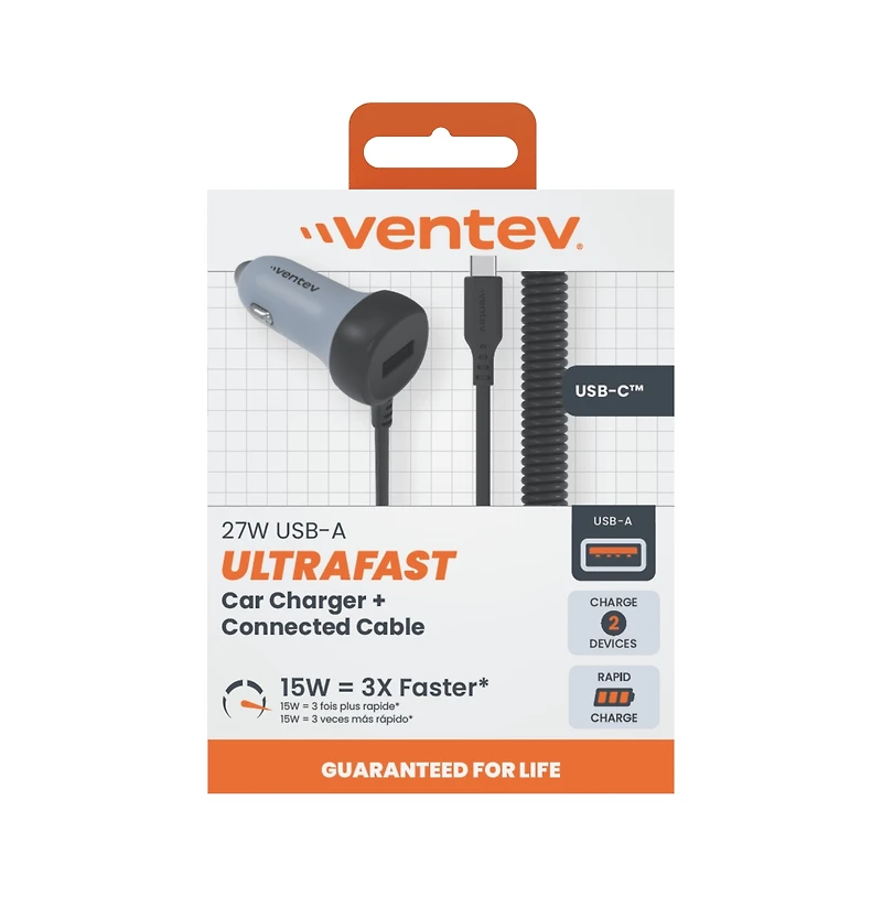 Ventev 27W Ultrafast Dual Car Charger with Usb C Travel Cable--