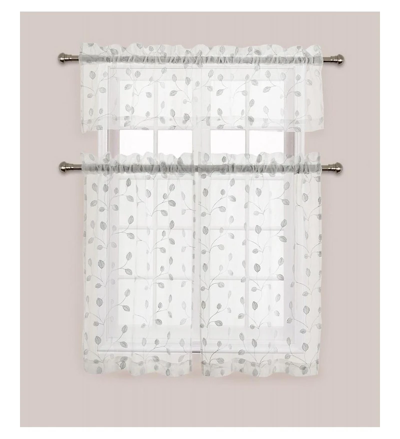 Kate Aurora GoodGram Adler Metallic Embroidered Leaves 3 Piece Sheer Kitchen Curtain Set - 58 in. W x 36 in. L, White
