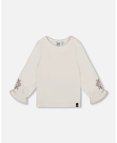 Deux par Girl Jersey Top Off-White with Embroidered Floral Sleeves