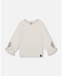 Deux par Girl Jersey Top Off-White with Embroidered Floral Sleeves