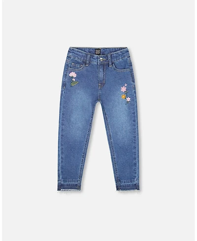 Deux par Big Girls Jeans Blue Denim with Frayed Hems and Floral Embroideries