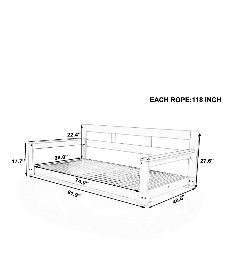 Flynama Patio Wooden Twin Size Porch Swing Daybed Frame, Garden Swing Bench Chair with 4 Hanging Ropes for Backyard,Outdoor,Brown