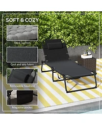 Outdoor Chaise, Adjustable Folding Chaise Lounge with 4-position Backrest, Magazine Pocket, Removable Head Pillow, Sun Bathing Lounger Chair for Patio