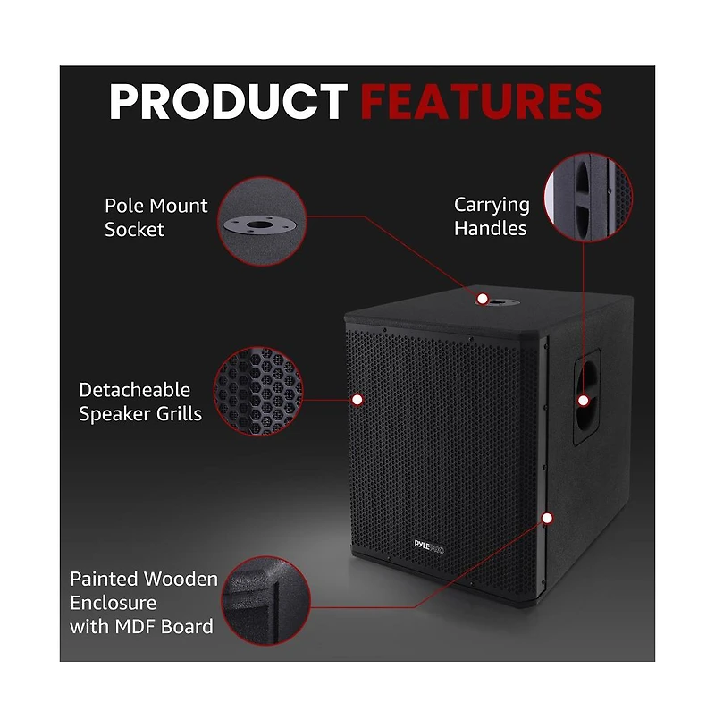 Pyle 12'' 1600W Active Powered Subwoofer Box System with Professional Design