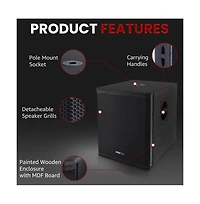 Pyle 12'' 1600W Active Powered Subwoofer Box System with Professional Design