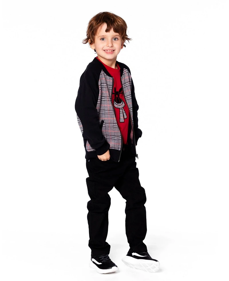 Deux par Baby Boy Bi-Material Zip Front Jacket Gray and Black Plaid