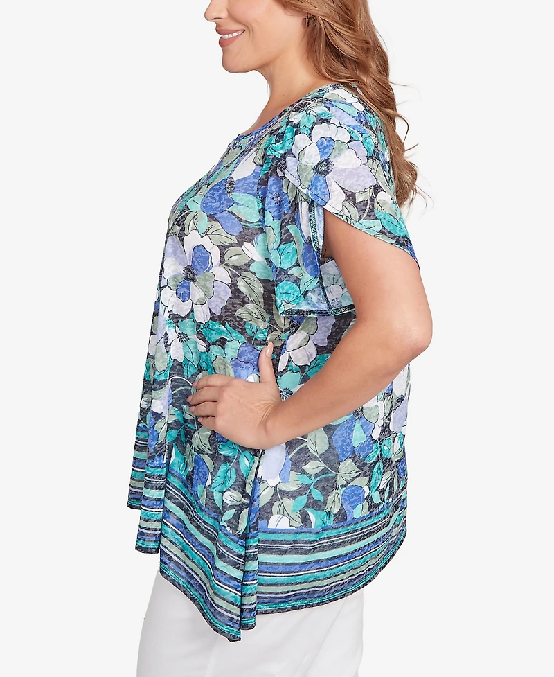 Ruby Rd. Plus Floral Striped Border Flutter Sleeve Top