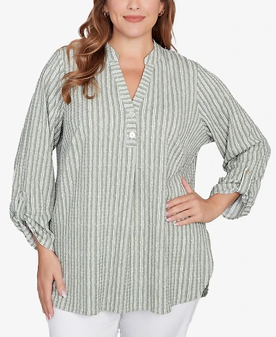 Ruby Rd. Plus Crinkle Knit Striped Henley Top