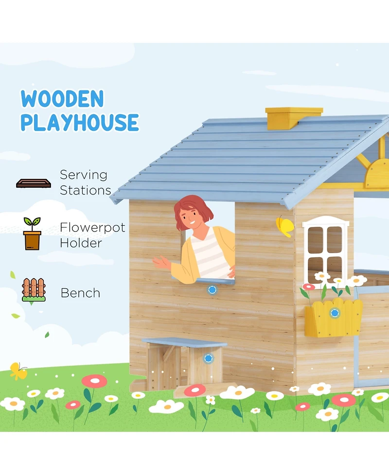 Outsunny 44.5" Wooden Playhouse for Kids Outdoor Garden Pretend Play Games