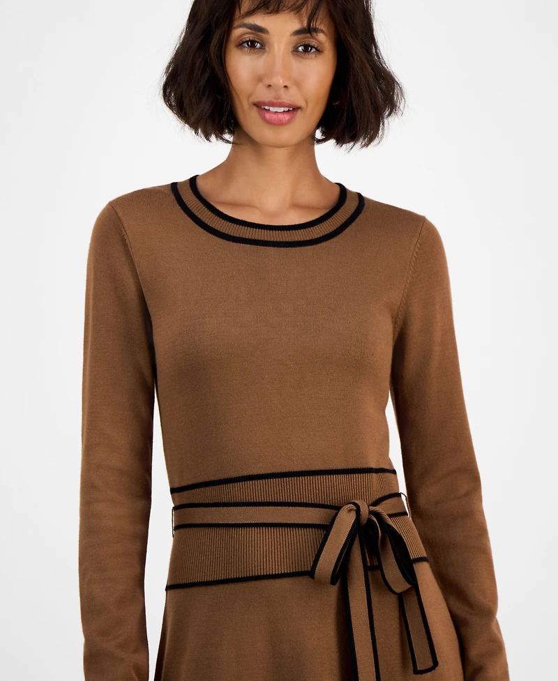 T Tahari Women's Wide-Rib Belted Sweater Dress