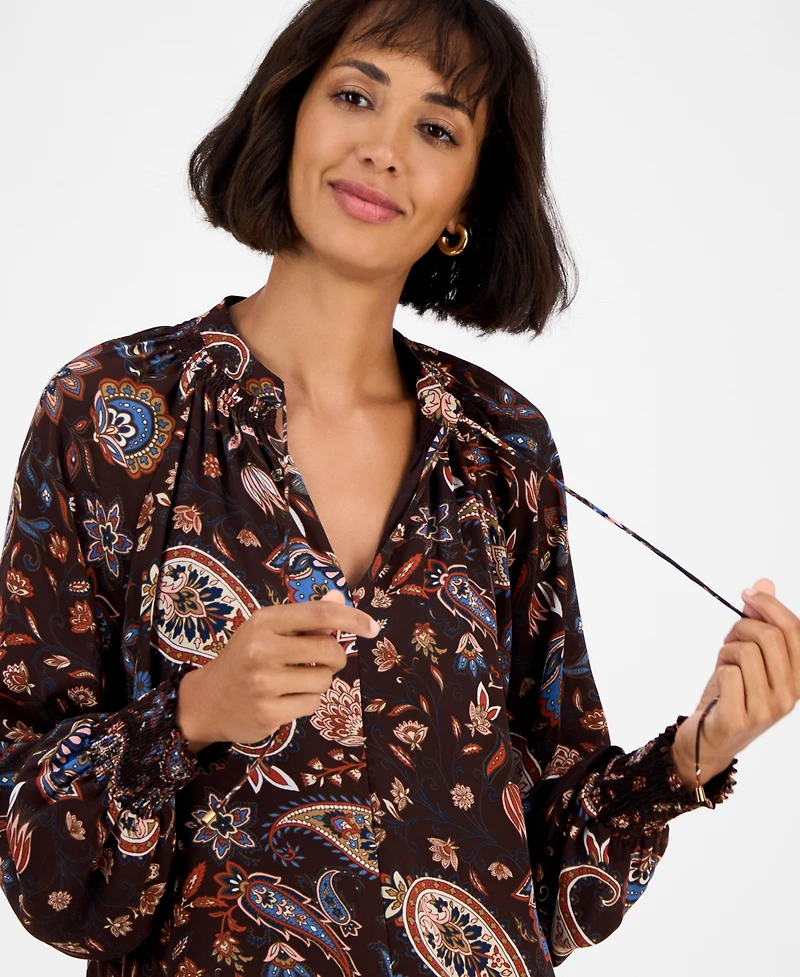 T Tahari Women's Printed Split-Neck Long-Sleeve Blouse