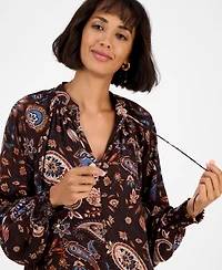 T Tahari Women's Printed Split-Neck Long-Sleeve Blouse