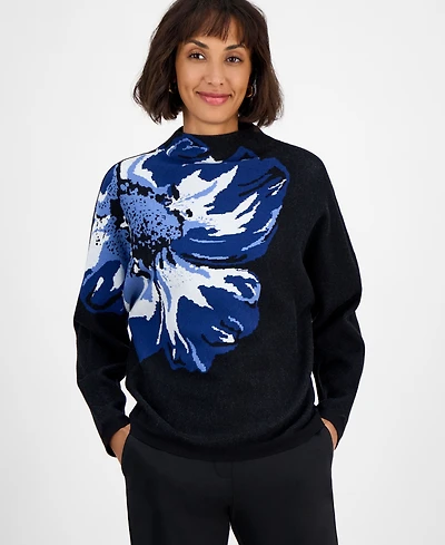 T Tahari Women's Floral Funnel-Neck Long-Sleeve Sweater