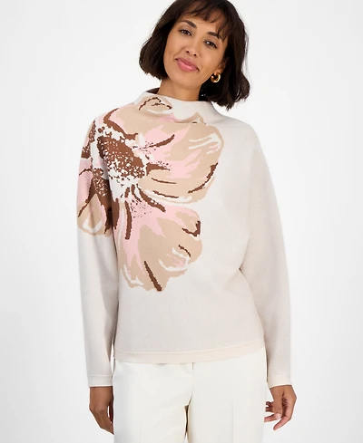 T Tahari Women's Floral Funnel-Neck Long-Sleeve Sweater