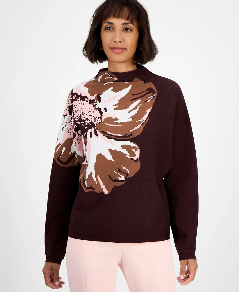 T Tahari Women's Floral Funnel-Neck Long-Sleeve Sweater