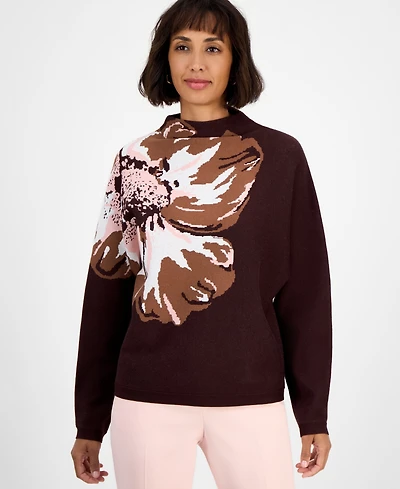 T Tahari Women's Floral Funnel-Neck Long-Sleeve Sweater