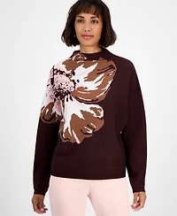 T Tahari Women's Floral Funnel-Neck Long-Sleeve Sweater