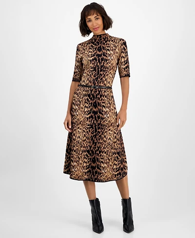 T Tahari Women's Jacquard Animal-Print Fit & Flare Dress