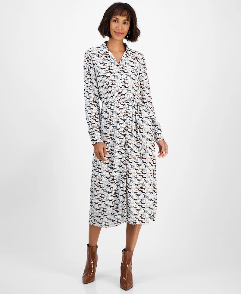 T Tahari Women's Horse-Print Button-Front Long-Sleeve Dress