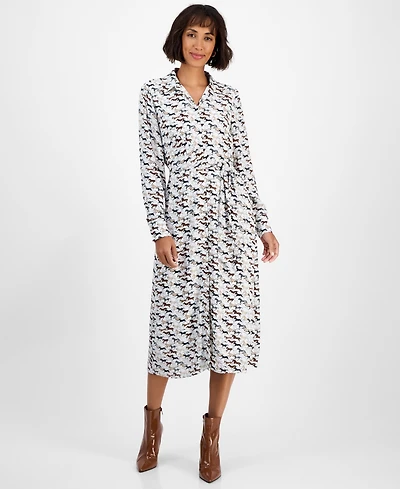T Tahari Women's Horse-Print Button-Front Long-Sleeve Dress