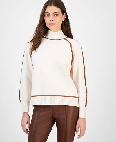 T Tahari Women's Mock-Neck Contrast-Piping Sweater
